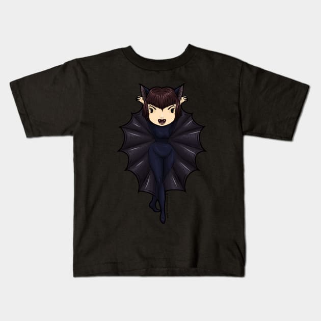 Lady flies at midnight Kids T-Shirt by SpacebatDesigns 